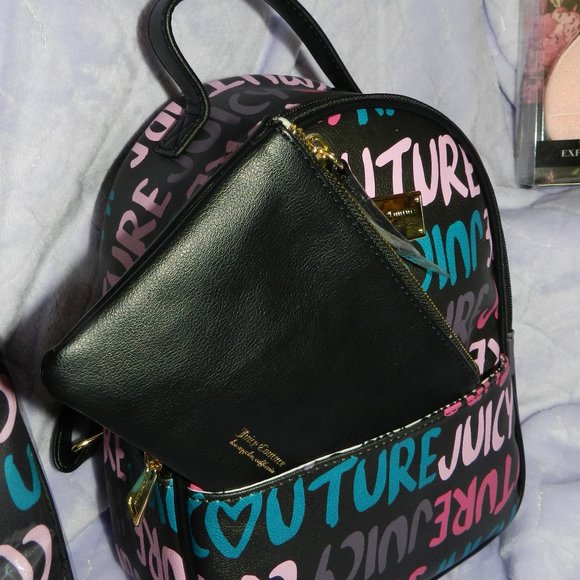 Juicy Coulture Love Letters 3 Peice Backpack, Pouch,Shoulder Bag Set Black NEW - Picture 4 of 15